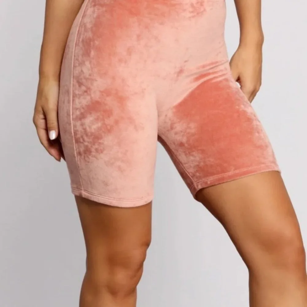 Velour Biker Shorts Coral Pink High Waist Size S or M - Picture 2 of 5
